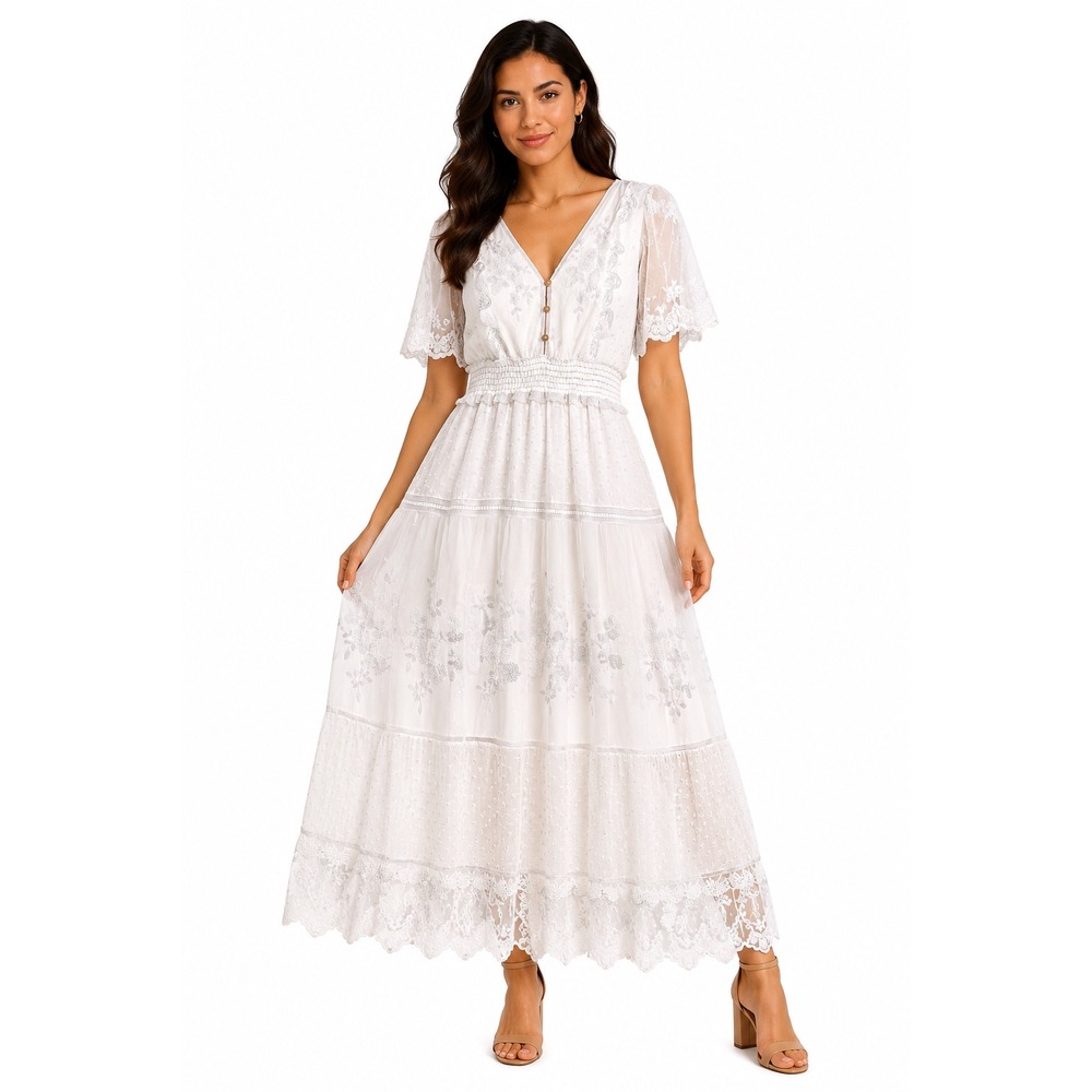 White Lace Maxi Dress Boho Cottagecore Swiss Dot Embroidered Bridal Large
